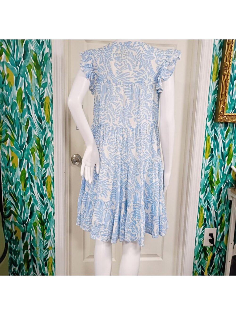 Roller Rabbit Mini Dress Women's Blue White Floral Print Linen Ruffle Sleeve - Picture 3 of 10